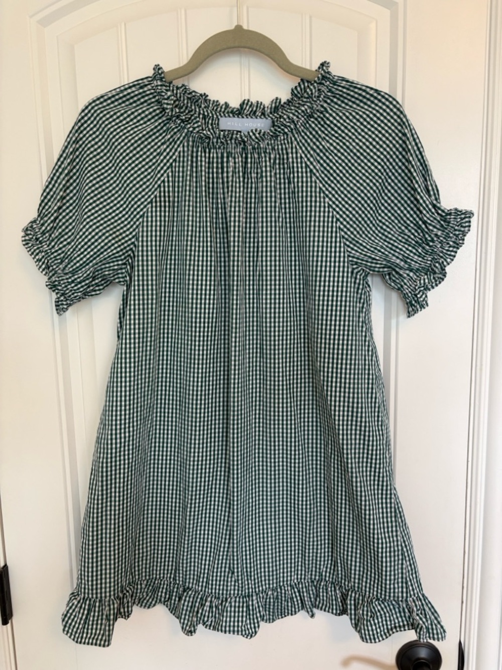 Hill House Green & White Gingham Smocked Mini Dress - Picture 1 of 4